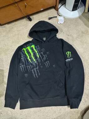 Vintage Monster Energy Multi-Logo Graphic Pullover Hoodie Black Medium